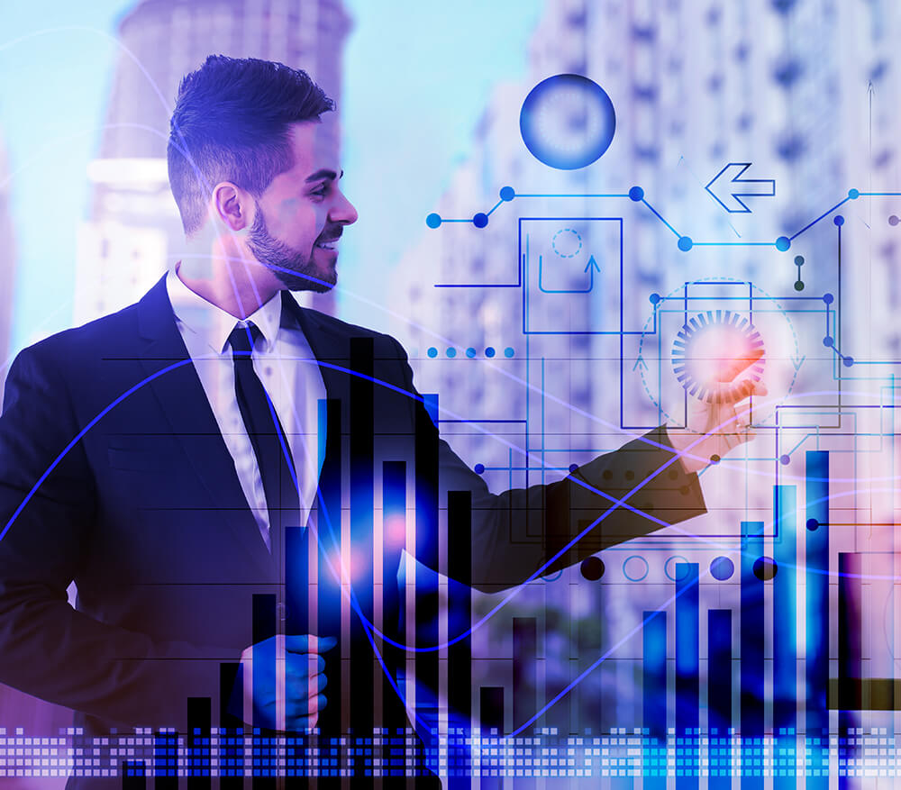 innovation Man with statistics and charts around him