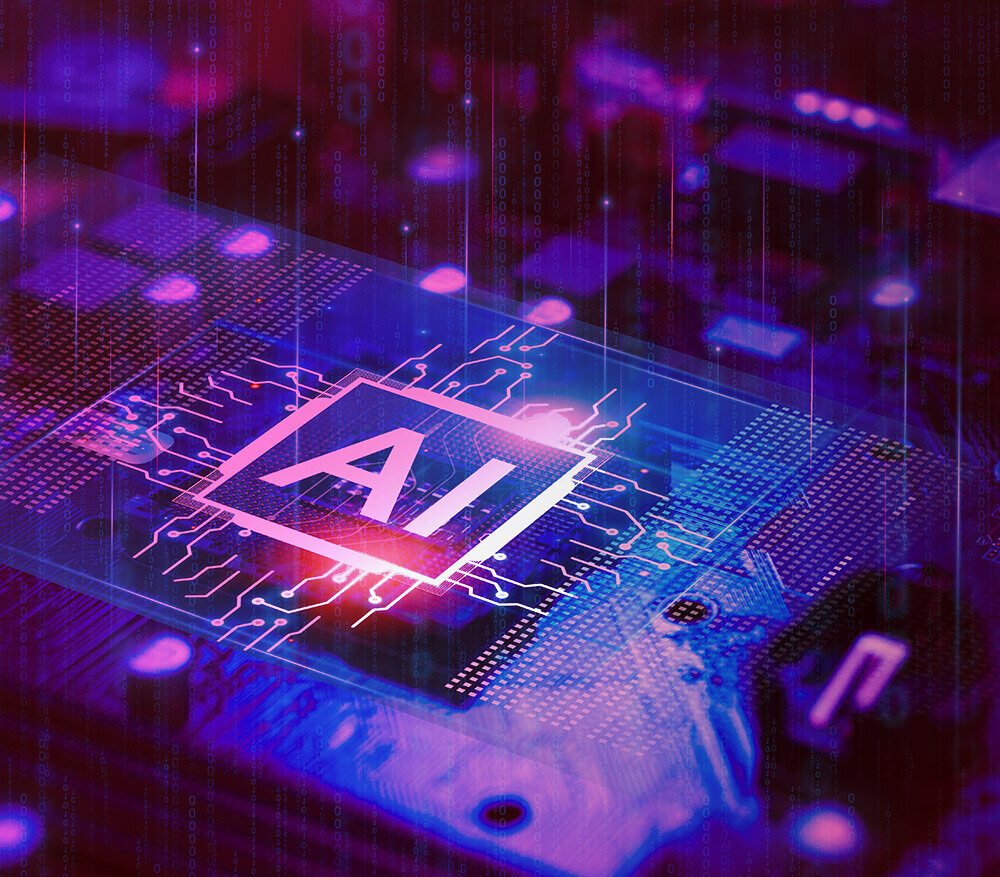 ready-automation closeup of a computer chip with the words "AI"